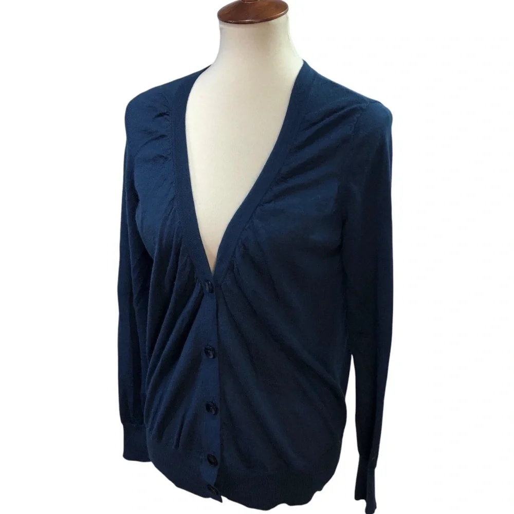 Loft Button Front Blue Cardigan Women's L Wool Blend Ruched Classic Feminine